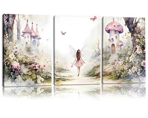 Image of 3 Pcs Framed Fairy Garden Canvas Wall Art Flower Fairy Posters Prints mushroom castle Painting Pictures Enchanted forest Wall Decor for Living Room Bedroom Girls Room Nursery Decoration