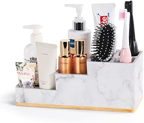 Toothbrush Holder for Bathroom, Aimou Bathroom Organizer Countertop with 6 Compartment Storage Bathroom Accessories Electric Toothbrush Toothpaste Razor Holder for Bathroom/Vanity, Marble White