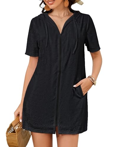 Bsubseach Terry Cloth Badeanzug Cover Up für Frauen Reißverschluss Hooded Bademantel Strand mit Taschen Sommer Schwarz M