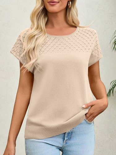 Imily Bela Womens Short Sleeve Sweaters Casual Crewneck Crochet Knit Summer Loose Trendy Pullover Tops4