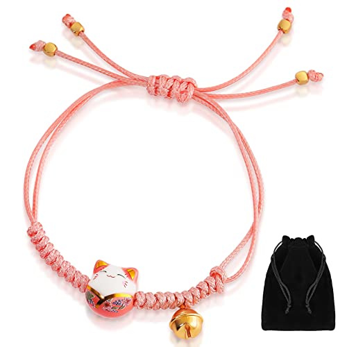 1 Glückskatzen Armband Verstellbare Geflochtene Armband Feng Shui Glücksbringer Armbänder Keramik Glückliche Katze Bettelarmband Handgemacht Glücks Armband mit Glocke und Flanelltasche