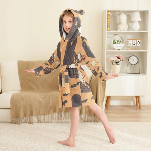 Kids Bath Robes Girls Spooky Staircase Halloween Pattern Hooded Robes3