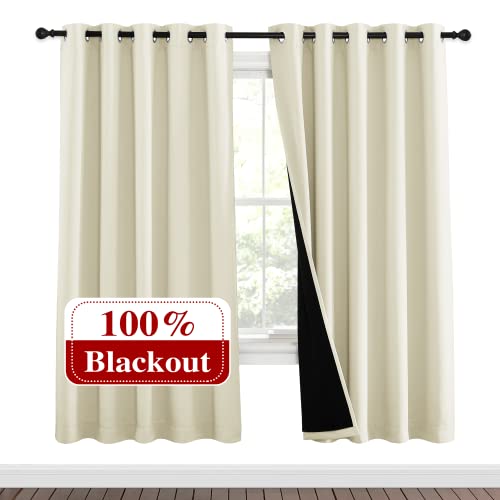 Image of NICETOWN Living Room Completely Shaded Draperies, Privacy Protection & Noise Reducing Ring Top Drapes, Black Lined Insulated Window Treatment Curtain Panels (Beige, 2 Pieces, W62 x L72)