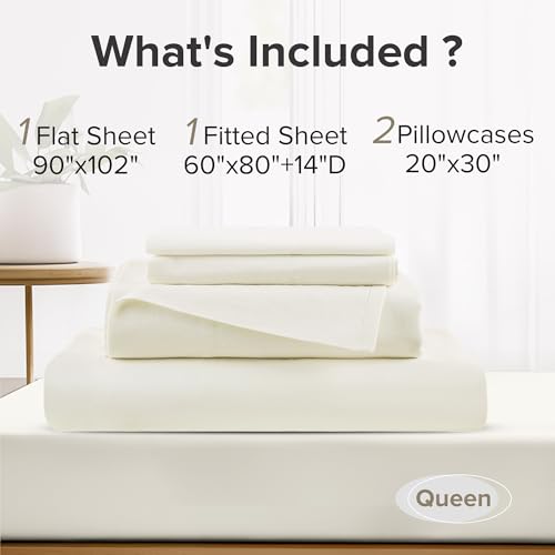 Comfort Spaces 100% Cotton Sheets Queen, Breathable, Ultra Soft Cotton Sheets, Naturally Cool Cotton Bed Sheets with 14" Elastic Pocket Fits up to 16" Mattress, All Season Sheet Set, Ivory 4 Piece