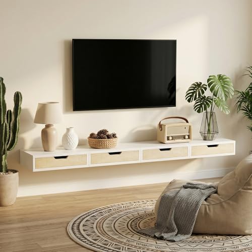PURELLEL Wandregal mit Schublade, Schweberegal, Hängeregal, Wandablage, Wandboard für Flur, Wohnzimmer und Schlafzimmer, Nachttisch-Ablage, weiß, 40 x 24 x 8 cm, mit Wandschublade.