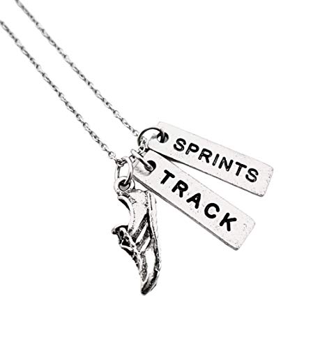 Pewter RUN TRACK SPRINTS Necklace - Pewter Running Shoe Charm, Pewter TRACK Pendant and Pewter SPRINTS Pendant on 18 inch Stainless Steel Cable Chain - All Pewter