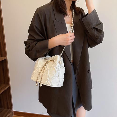 Image of Denim Bucket Bag Quilted Drawstring Jean Purses for Women Denim Clutch Hobo Bags Crossbody Handbag