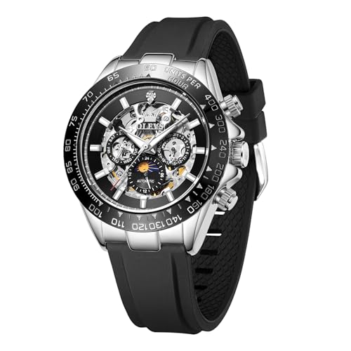 Image of OLEVS Self Winding Watches for Men Automatic Mechanical Skeleton Luxury Dress Waterproof Moon Phase Tourbillon Chronograph Stainless Steel Luminous Wristwatch