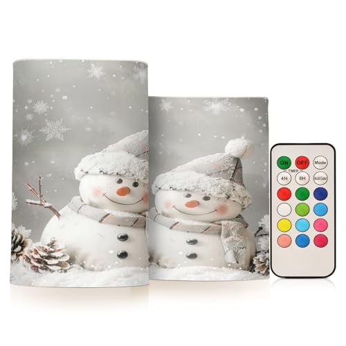 Image of Christmas Lights Flameless Candles Snowman Pine Cones Snowflake Pillar Candles Set of 2 Battery Operated Remote Control Warm Lights Home Decor