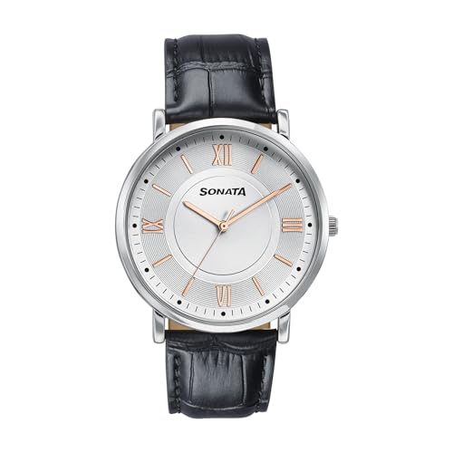 Image of Sonata Verve Quartz Analog with Silver Dial Black Geniune Leather Strap Watch for Men - 77189SL01