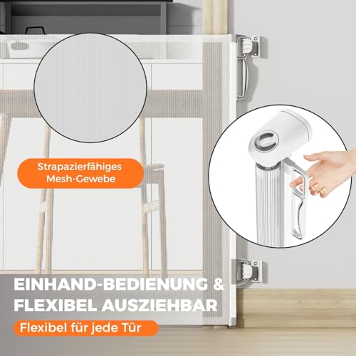 Allyson® Treppenschutzgitter Ausziehbar, Türschutzgitter bis 140 cm Treppengitter für Kinder & Haustiere, Kinderschutzgitter 85 cm Höhe, Haustierschutzgitter Einziehbar, Verstellbar & Stabil – Weiß
