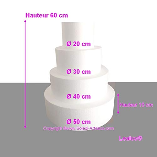 Lealoo Pièce montée Wedding Cake Hauteur 60 cm, Base Ø 50cm à 20cm, 4 disques de 15cm de Haut en Polystyrène