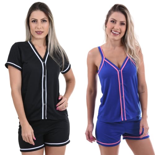 Kit 2 Pijamas Feminino Aberto Com Botões Amamentação (preto/azul, M)