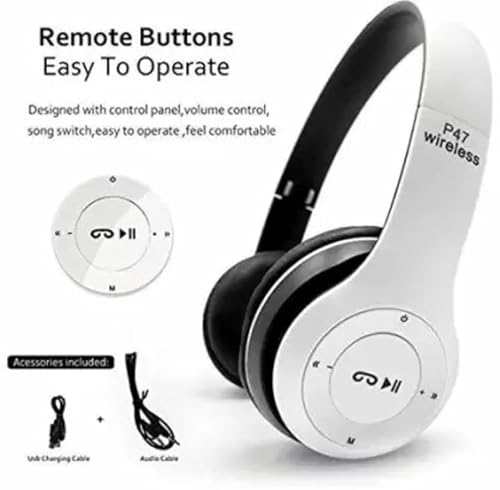 Image of BT Wireless Headphone with Mic Foldable Earphone with FM,TF Bluetooth Bluetooth & Wired Headset (White, On the Ear)