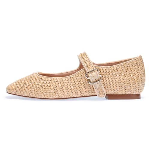 Raffia Mary Jane Flats Women, Woven Ballet Flats with Strap Closed Square Toe Flat Shoes for Daily Casual Dress2