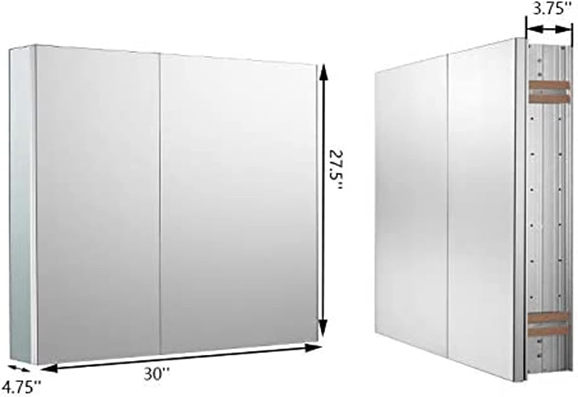 Diagram showing the dimensions of the medicine cabinet: 30 inches wide, 27.5 inches high, and 4.75 inches deep.