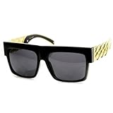zeroUV High Fashion Metal Chain Arm Flat Top Aviator Sunglasses (Shiny Black Gold)