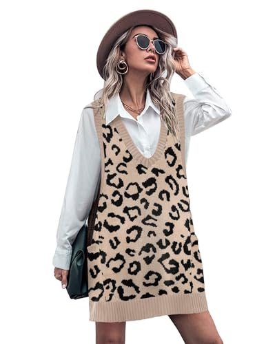 Image of HOTOUCH Women Sweater Vest Oversized V Neck Sleeveless Knit Pullover Ribbed Vest Dress with Pockets