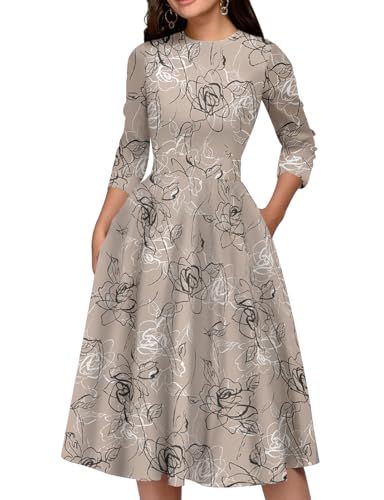 Image of Simple Flavor Women's Floral Vintage Dress Elegant Midi Evening Dress 3 /4 Sleeves