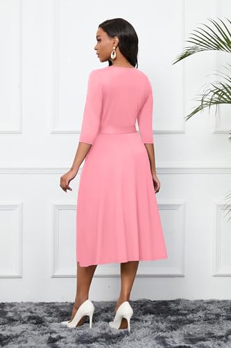 Image of CLOCOR Midi Dresses for Women Casual A-Line Fit and Flare Dress Crewneck 3 /4 Sleeve Keyhole Cocktail Party Church Dress