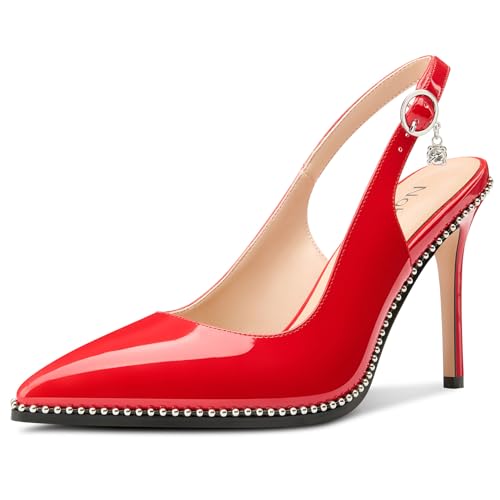 Image of NobleOnly Slingback Beaded Pumps for Women High Stiletto Heel Pointed Toe Slip-on Dress Sandals Adjustable Buckle Rhinestone Patent Leather 3.9 Inches Heels