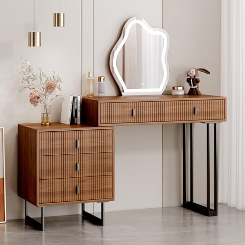 Ieejdn Brown Vanity Desk with Mirror and Lights,Small Makeup Vanity with 5 Drawers?Modern Makeup Table with Adjustable Cabinet for Bedroom,Makeup Room