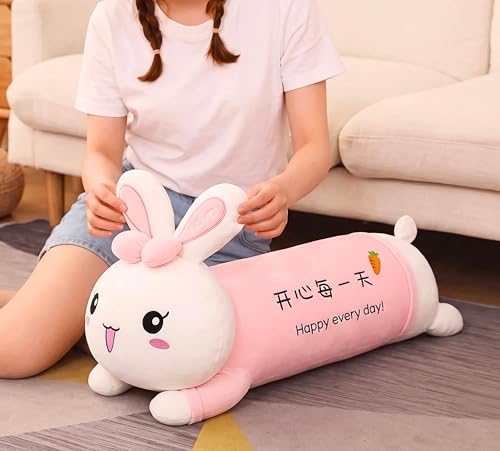 Image of Tickles Rabbit Soft Stuffed Plush Animal Bolster Pillow Cushion for Boys & Girls Sofa Room Decor Birthday Gift (Size: 60 cm Color: Pink & White)