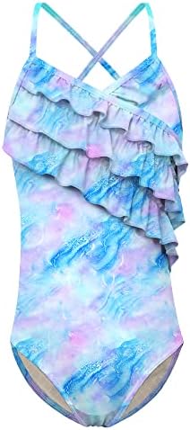 Idgreatim One Piece Swimsuit for Girls 7 8 Fluid Tie Dye Swimwear with Ruffles Summer Beach Pool 1-Piece Bathing Suit