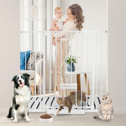NexusSmash 41 Inch Tall Baby Gate with Small Cat Door Adjustable Auto Close Dog Gate Easy Walk Thru Pet Door for Stairs Doorway House (White 29.52-43.71)