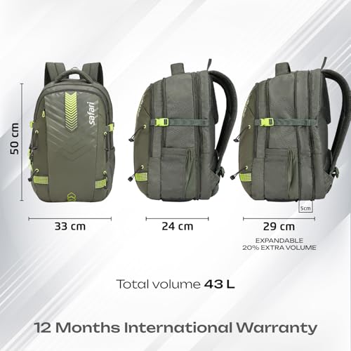 Image of Safari 43L Expandable Laptop Bag with Armor Base, Raincover, 3 Compartments, Compression Straps, Large Size Travel Bag, Ideal For 3-4 Days Staycations, Hiking, Office Bag
