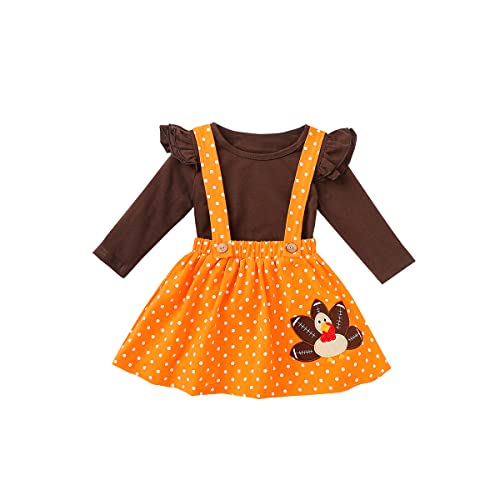 Kids Baby Girl Thanksgiving Outfit Ruffle Sleeve Shirt Blouse +Turkey Suspender Skirts Dresses for Toddler Girls