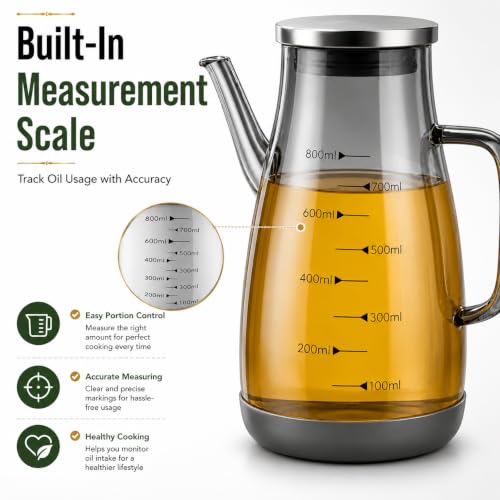 Image of Glass Oil Dispenser Bottle, Anti-Drip Spout, Leakproof Borosilicate Glass Oil Container with Measurement Markings for Kitchen, Olive Oil, Vinegar & Cooking (800, Milliliters)