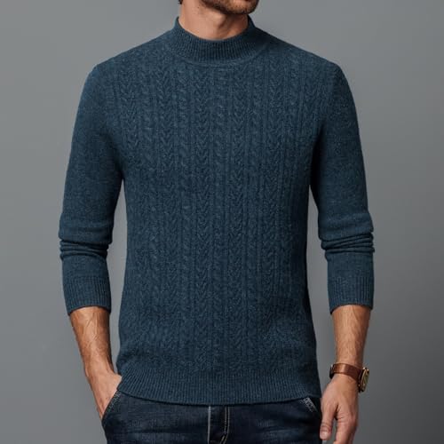Men's 100% Wool Mock Turtleneck Sweater Casual Knitted Cable Pullover Solid Thermal Sweaters4