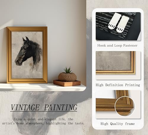 Image of NALEPS Vintage Gold Framed Black Horse Wall Art, Moody Animal Portrait Canvas Painting Picture, Antique Equestrian Decor for Office, Living Room, Bedroom, Damage-Free Ready to Hang, 12x16 in