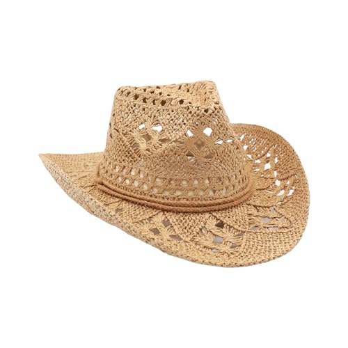 Image of Straw Cowgirl Hat for Women Cowboy Hats for Men Wide Brim Sun Hat Shapeable Western Hat Beach Hat (US, Alpha, Medium, Y-Brown)