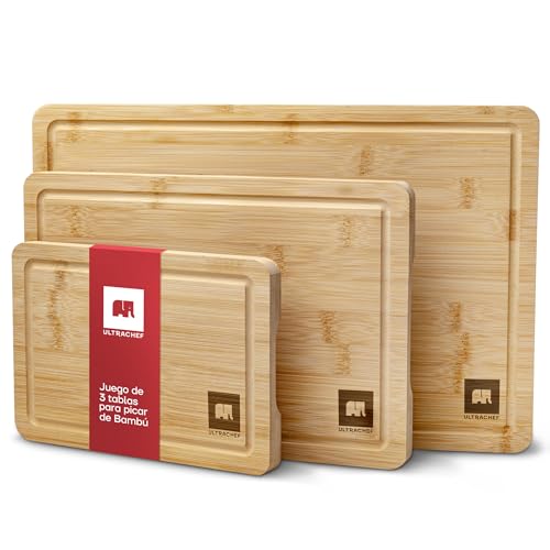 Lista de Conjuntos de tablas para picar - 5 favoritos. 46 ULTRACHEF Juego 3 Tablas para Picar de Madera de Bambú. Tablas de Cocina para Cortar Premium, Gruesas, Duraderas y Resistentes, con Ranura Anti Escurrimiento y Diseño...