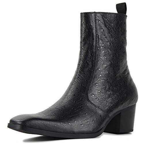 OSSTONE Men Chelsea Ankle Boots Leather Ostrich Print Western Cowboy Boots with Side Zipper Heel Dress Boots JY014
