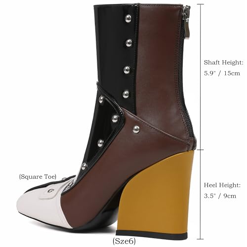 Women Ankle Boots Black High Heel Ankle Booties Red Chunky Punk Booties Square Toe Back Zipper Boots 3.5 Inch Block Heel with Metal Rivet2