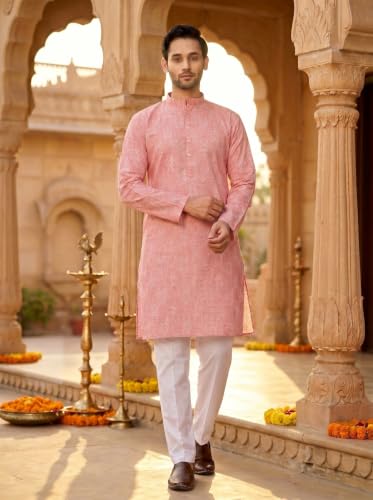 Image of Studio Shringaar Men's Cotton Blend Relaxed Fit Ikat Printed Knee Length Kurta