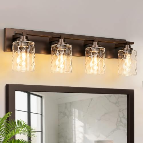 Image of Bathroom Light Fixtures,4-Light Oil Rubbed Bronze Vanity Lights Over Mirror | Modern Wall Light,Clear Ripple Glass Shade,Sturdy Metal Frame,For Bathroom Remodel,Easy Install,E26 Socket,ETL-Listed 28-inch