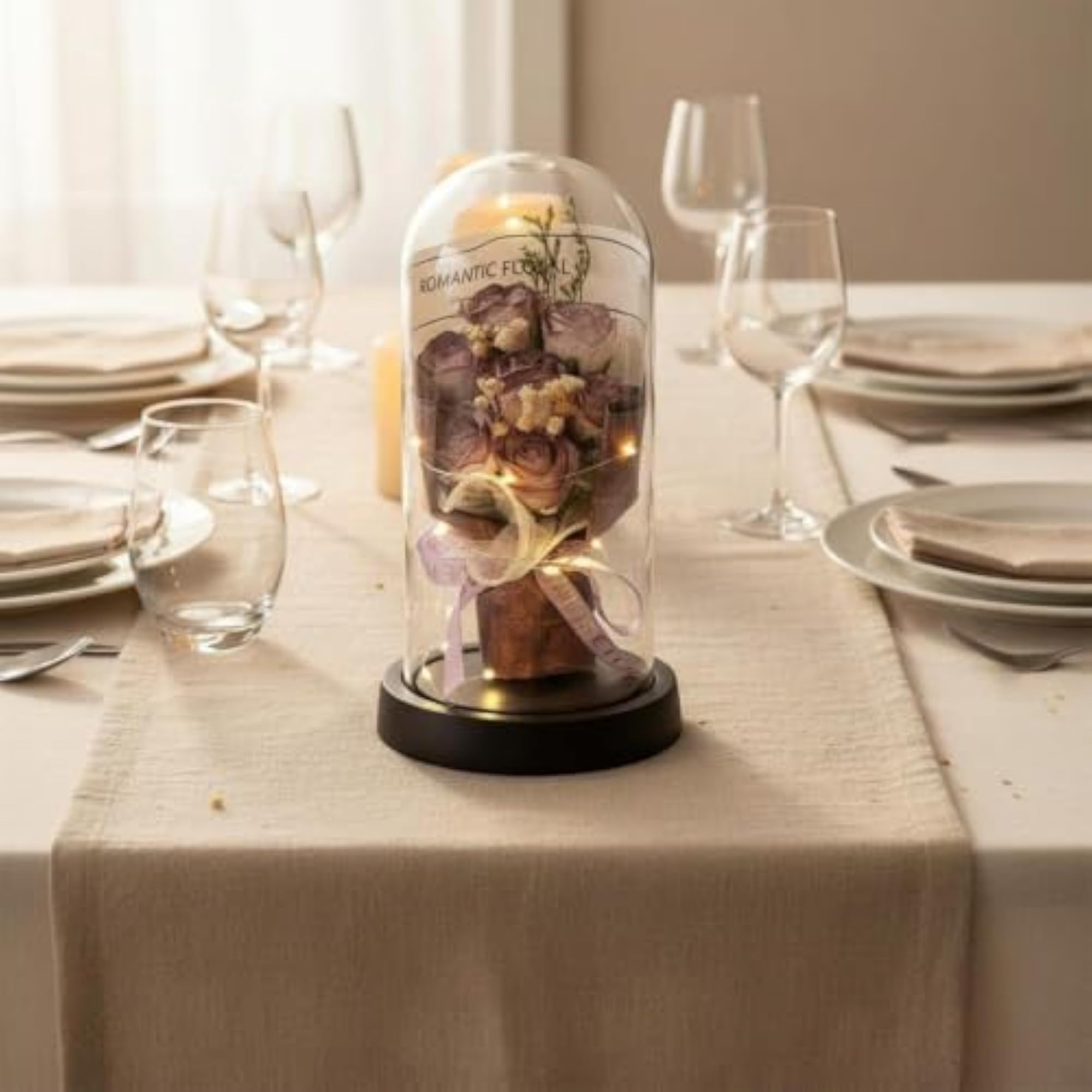 Protected Rose Glass Cloche Gift for Valentine's Day, Lighted Arrangement