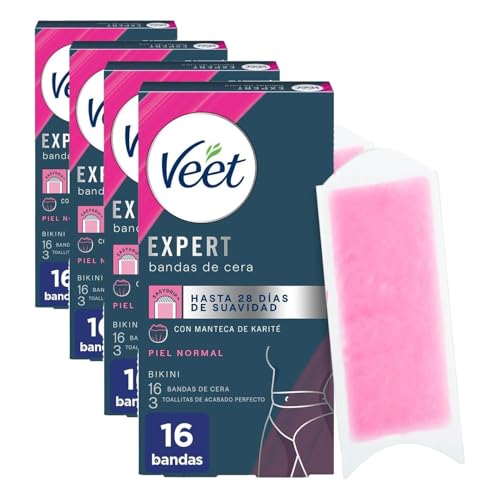 Veet Expert Bandas de Cera Fría Depilatoria para Depilación de Ingles, Área del Bikini, con Manteca de Karité, 16 tiras (Paquete de 4)