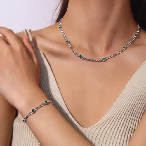 FANCIME 925 Sterling Silver 3.6mm Cuban Link Curb Chain Bracelet With Created Gemstone for Women2