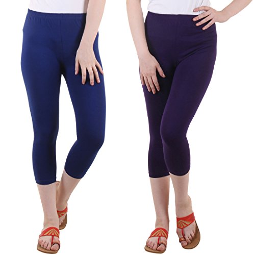 Image of DIAZ Women Cotton Stretchable Capri | Slim /Regular Fit | Breathable Yoga, Gym & Lounge Wear | High-Waist Stretchable 3 /4 Length Leggings with Wide Waistband - Pack of 2