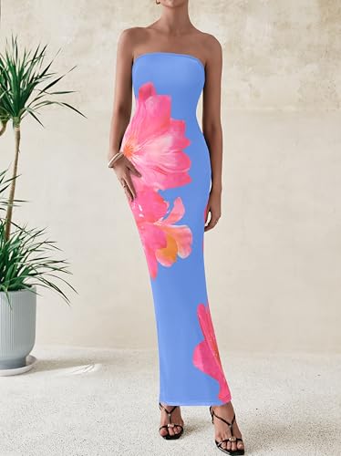 Image of PRETTYGARDEN Women Summer Strapless Maxi Dress Bodycon Floral Sexy Long Wedding Guest Dress Formal Tube Mesh Cocktail Dresses