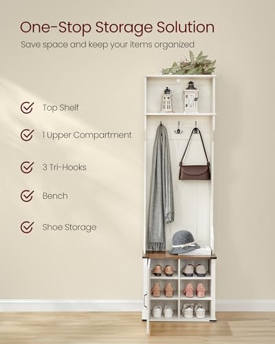 Image of VASAGLE Hall Tree with Bench and Shoe Storage, Coat Rack with Shoe Bench, Entryway Furniture, 3 Tri-Hooks, Door with Handle, Farmhouse Style, Space Saving, Rustic White and Honey Brown UHSR441W01V1