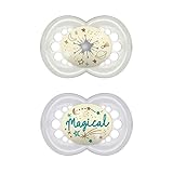 El juego de chupetes incluye 2 chupetes luminosos (para bebés de 6 a 16 meses) y una práctica caja para el transporte y la esterilización