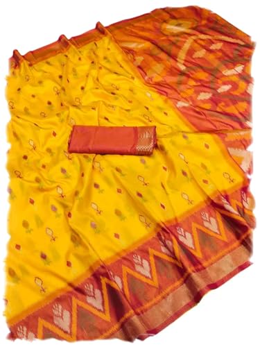 Image of Women's Pochampalli Silk Blend Saree with Unstitched Blouse Piece