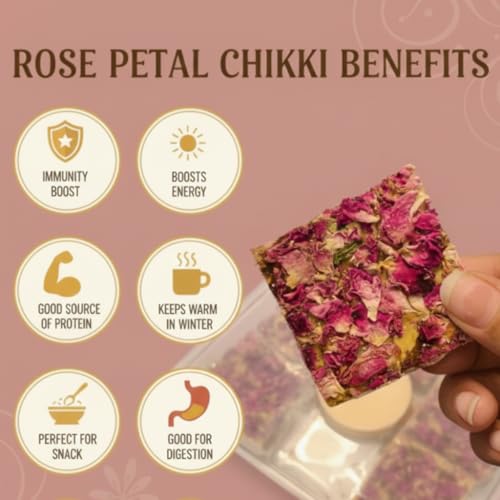 Image of Season's Edition Rose Petals Gulab Chikki-150 gm | No Added Preservatives or Colours | Nutritious Delicious High Protien Healthy Dry Fruit Crunchy Gajak Chikki Sweets with Rose Petals, Almonds, Cashews & Pistachios