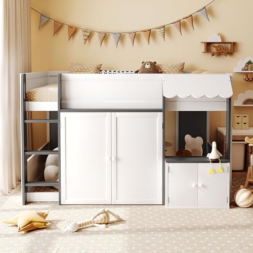Image of Full House Loft Bed with Playhouse & Storage, Modern Wood Cabin Bed for Kids /Teens (White+Gray)